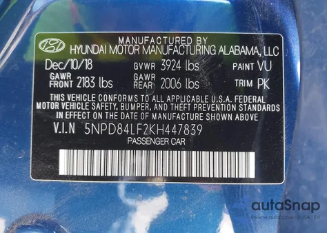 2019 Hyundai Elantra Sel from USA, damaged, VIN 5NPD84LF2KH447839